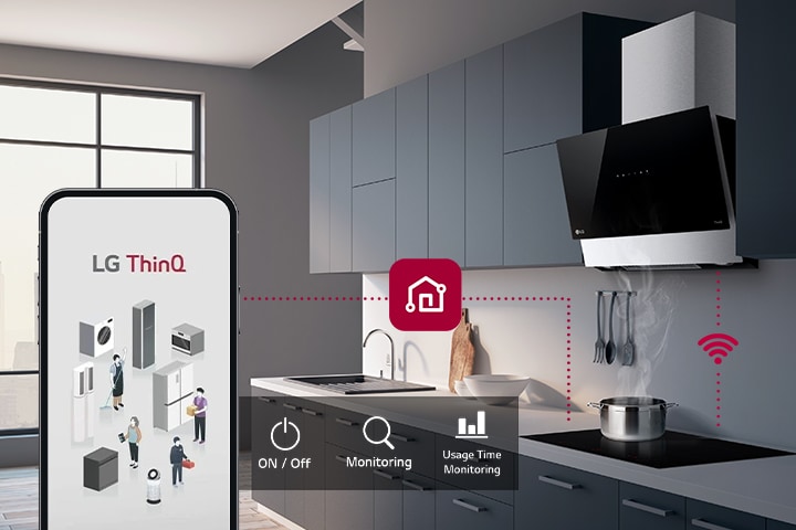 Imagem de uma placa de indução e um smartphone conectados através do ThinQ. 
