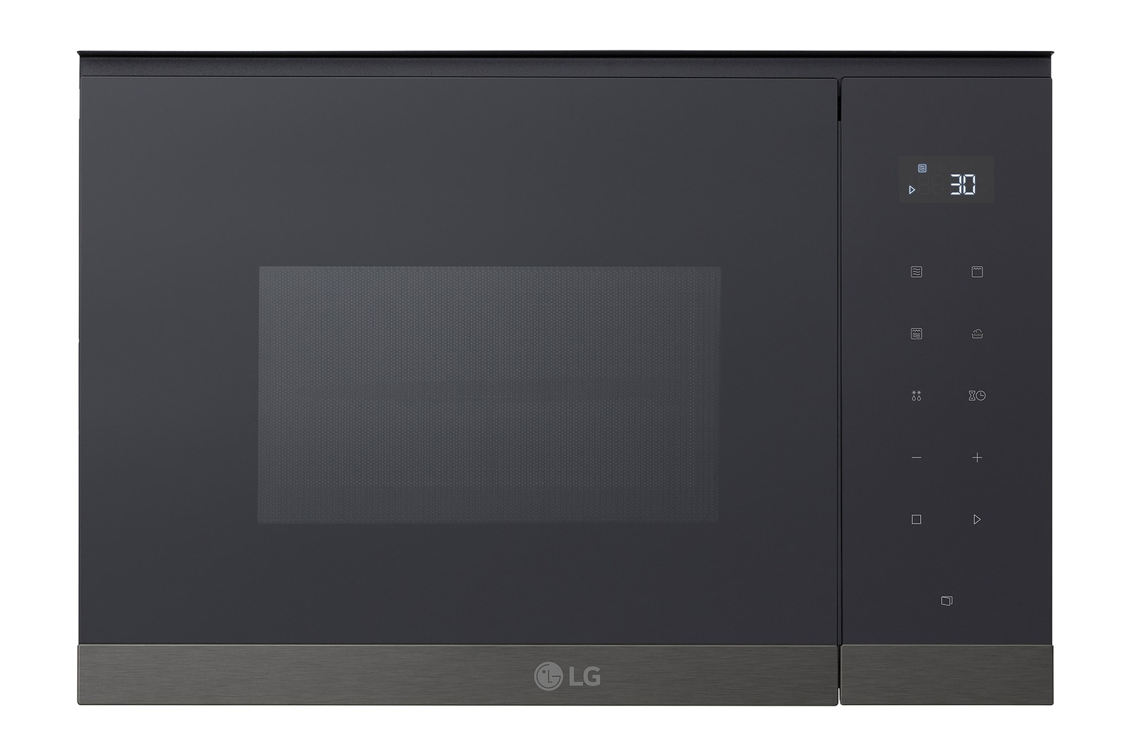 Vista frontal de Micro-ondas de encastre LG preto com 25l e 900W de potência MG7Z2593BK
