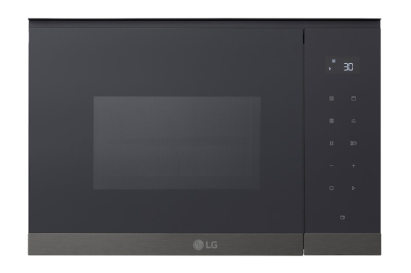 Vista frontal de Micro-ondas de encastre LG preto com 25l e 900W de potência MG7Z2593BK