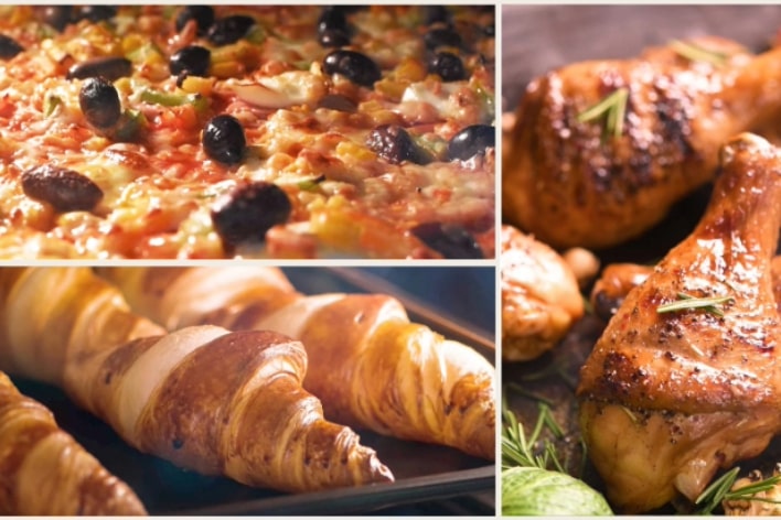 Alimentos deliciosos incluindo pizza, croissants acabados de fazer e frango assado