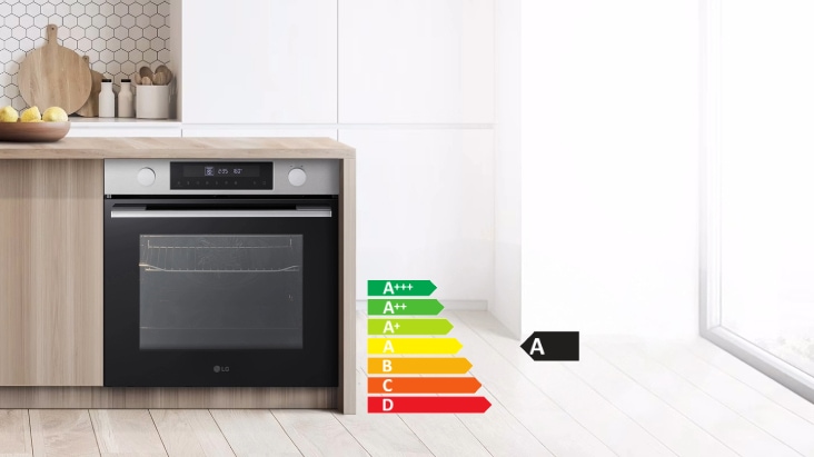 Cozinha moderna com um forno de encastre eficiente e um indicador de eficiência energética a indicar alta eficiência.