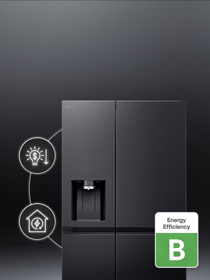 Frigorífico americano LG com logo de eficiência energética B ao seu lado.