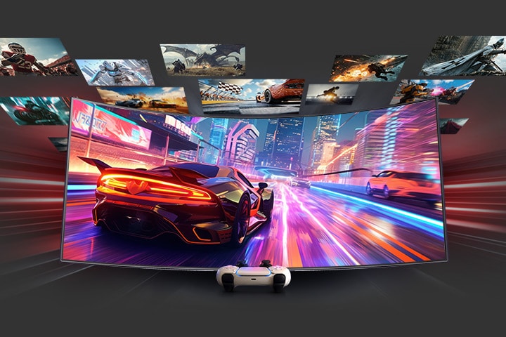 Um monitor de jogos curvo mostra um jogo de corridas com um supercarro vermelho numa cidade iluminada a néon. Outras cenas de jogos flutuam à volta do ecrã. Um controlador de consola branco é colocado à frente, realçando o jogo de consola. 