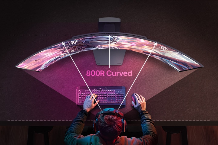 An animated video transitioning from a front view to a top view of a curved monitor.