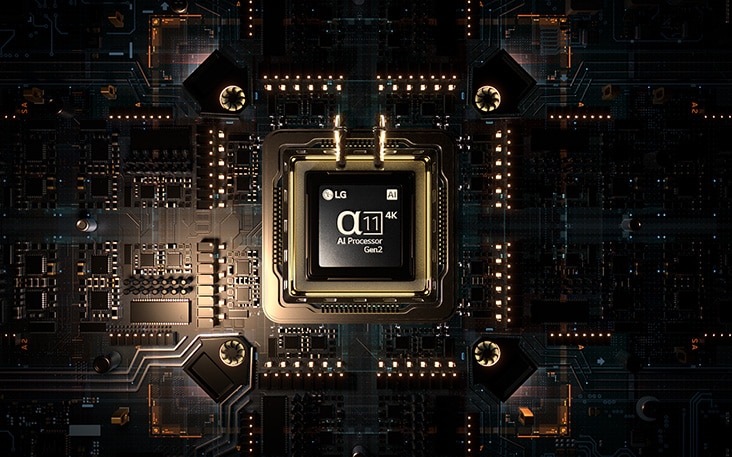 O processador alpha 11 AI de 2.ª geração encontra-se numa placa de circuitos de aspeto avançado.