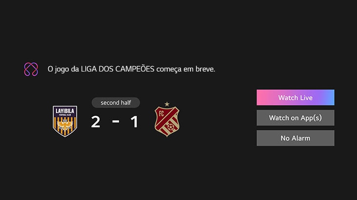É apresentada a Notificação de desporto. É um lembrete do jogo da liga do campeonato que está prestes a começar. Os botões CTA também estão visíveis, ver em direto, ver na aplicação, sem alarme.