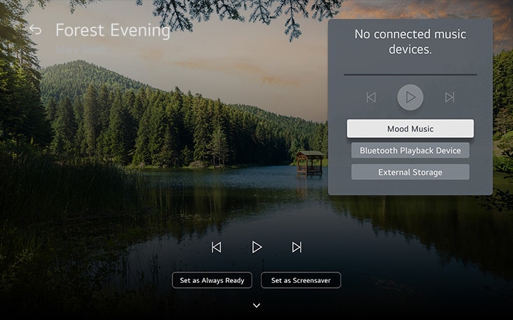 Apresentação de como uma LG TV pode ser configurada para reproduzir música ambiente para sincronizar com os efeitos visuais. 