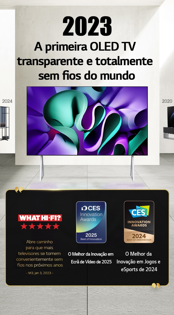 LG TV. O título diz: A primeira OLED TV verdadeiramente sem fios do mundo de 2023. Citações de prémios além disso. What Hi-Fi, abre caminho para que mais televisores se tornem convenientemente sem fios nos próximos anos. O Melhor da Inovação de 2025 em Ecrãs de Vídeo e o Melhor da Inovação de 2024 em Jogos e Desportos Eletrónicos dos Prémios de Inovação CES. 