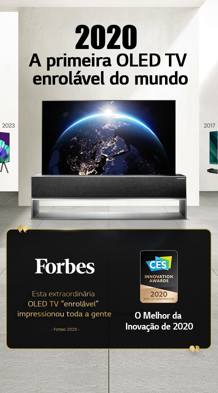 LG TV. O título diz: A primeira OLED TV enrolável do mundo de 2020. Citações de prémios além disso. Forbes, esta extraordinária OLED TV enrolável impressionou toda a gente. Prémio “O Melhor da Inovação” de 2020 dos Prémios de Inovação CES.