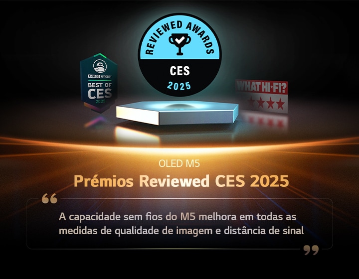 Prémio para o OLED M5 da Reviewed. Um excerto da sua análise diz: “A capacidade sem fios do M5 melhora em todas as medidas de qualidade de imagem e distância de sinal.”