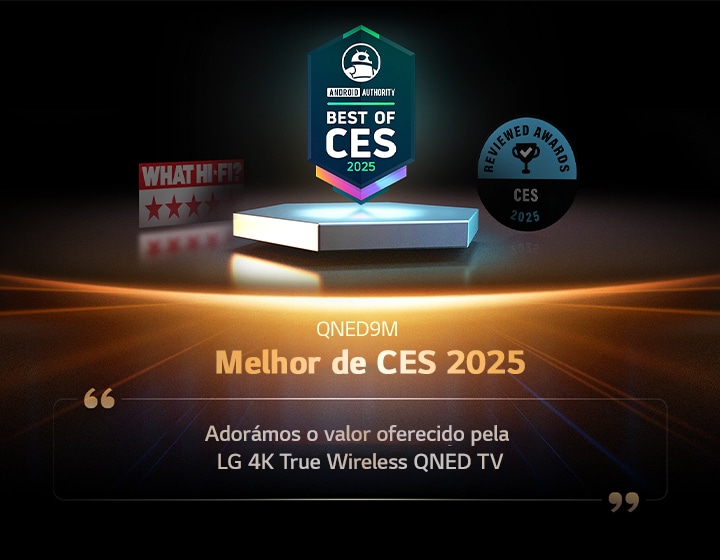 Prémio para o QNED9M da Android Authority. Menção “Melhor de CES 2025”. Um excerto da sua análise diz: “Adoramos o valor oferecido pelo LG 4K True Wireless QNED TV.”
