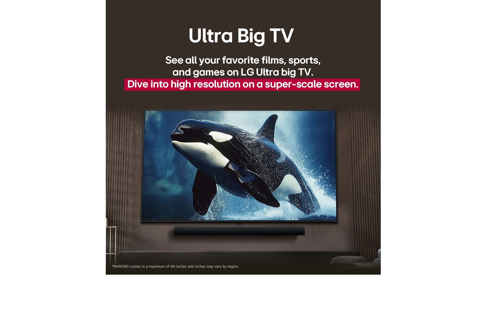 LG TV com um ecrã surpreendentemente grande montada numa parede por cima de uma LG Soundbar numa sala moderna.