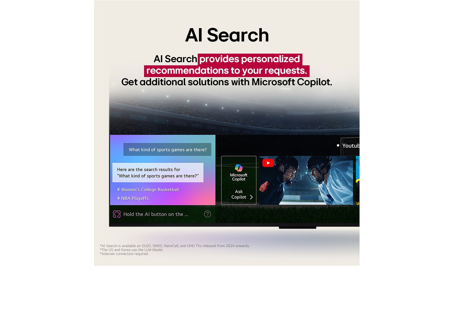 Grande plano de uma LG TV que mostra como funciona a AI Search. Abre-se uma pequena janela de conversação a mostrar como o utilizador perguntou quais os jogos de desporto disponíveis. A AI Search respondeu por chat, mostrando miniaturas de conteúdo disponível. Há também uma mensagem para perguntar ao Copilot da Microsoft. 