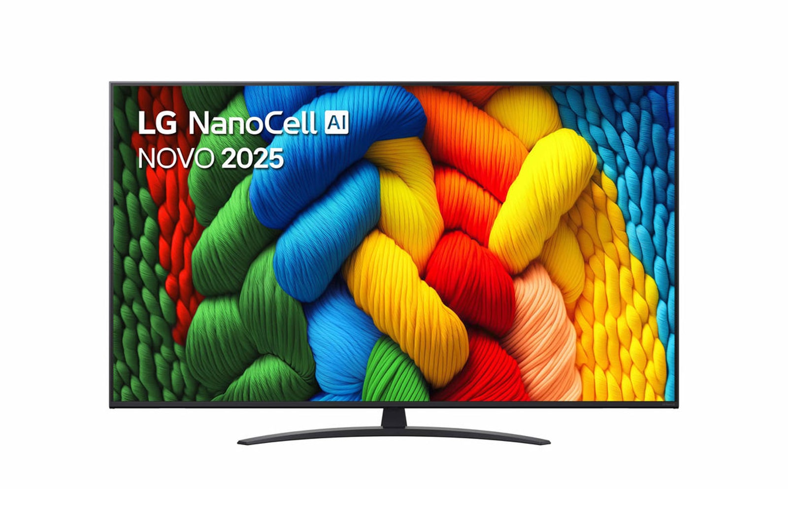 Vista frontal da NanoCell TV, logótipo LG NanoCell Al no canto superior. A LG NanoCell TV, NANO80 apresenta texturas coloridas de pinturas a juntarem-se.