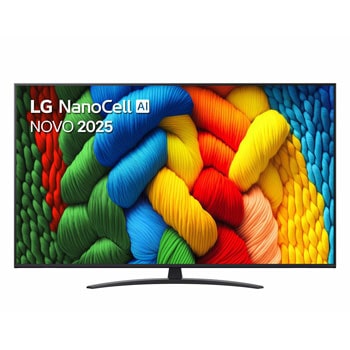 Vista frontal da NanoCell TV, logótipo LG NanoCell Al no canto superior. A LG NanoCell TV, NANO80 apresenta texturas coloridas de pinturas a juntarem-se.