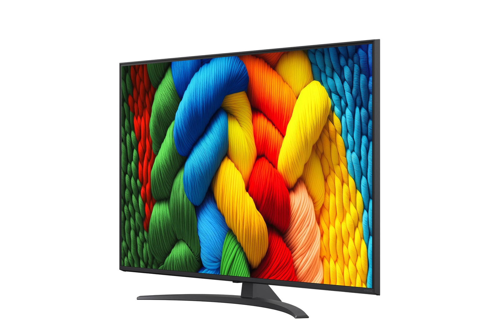 Vista frontal e vista lateral da Smart TV LG NanoCell NANO80 AI 4K com as dimensões de comprimento, largura, altura e profundidade.