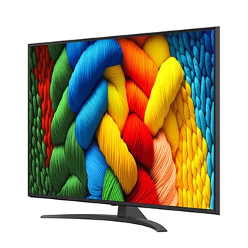 Vista frontal e vista lateral da Smart TV LG NanoCell NANO80 AI 4K com as dimensões de comprimento, largura, altura e profundidade.