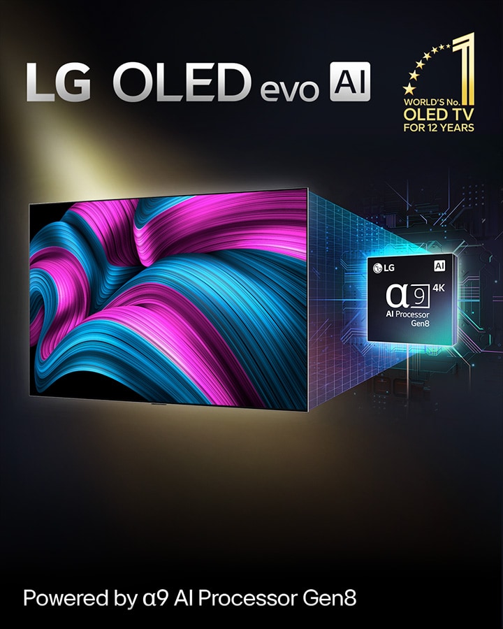 No ecrã de uma LG OLED evo AI TV está uma imagem abstrata com detalhes, cores e um contraste impressionantes. Uma versão ampliada do processador alpha 9 AI Gen8 está atrás da TV. Esta brilha com luz a iluminar os circuitos do microchip ao seu redor. O título diz LG OLED evo AI. O texto também está visível, alimentado pelo processador LG alpha 9 AI Gen8. Um logótipo dourado com estrelas que diz “OLED TV número um do mundo há 12 anos” está no canto. 