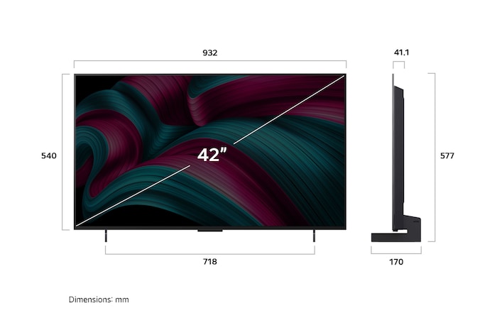Vista frontal e vista lateral da LG OLED evo AI C5 4K Smart TV com as dimensões de comprimento, largura, altura e profundidade.