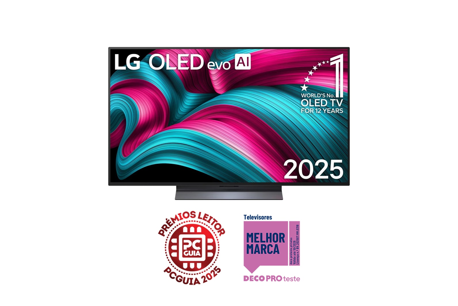 Vista frontal da Smart TV LG OLED evo AI C5 4K. O emblema “OLED número 1 do mundo há 12 anos” e o logótipo LG OLED evo AI 2025 estão no ecrã.