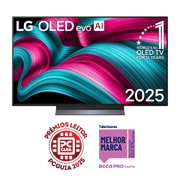 Vista frontal da Smart TV LG OLED evo AI C5 4K. O emblema “OLED número 1 do mundo há 12 anos” e o logótipo LG OLED evo AI 2025 estão no ecrã.