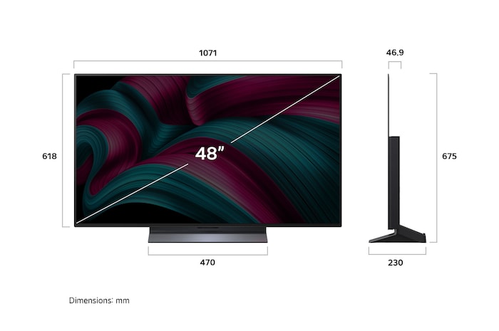 Vista frontal e vista lateral da LG OLED evo AI C5 4K Smart TV com as dimensões de comprimento, largura, altura e profundidade.