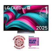 Vista frontal da Smart TV LG OLED evo AI C5 4K. O emblema “OLED número 1 do mundo há 12 anos” e o logótipo LG OLED evo AI 2025 estão no ecrã.