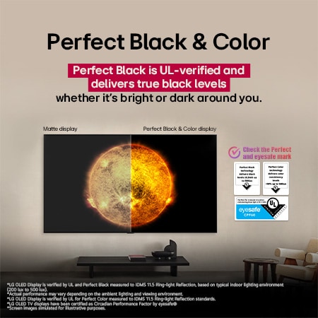 LG OLED TV a mostrar uma comparação visual entre um ecrã com Cores Perfeitas e Tons Escuros Perfeitos e outro sem. As certificações UL e eyesafe são visíveis com um texto que convida a verificar as marcas.