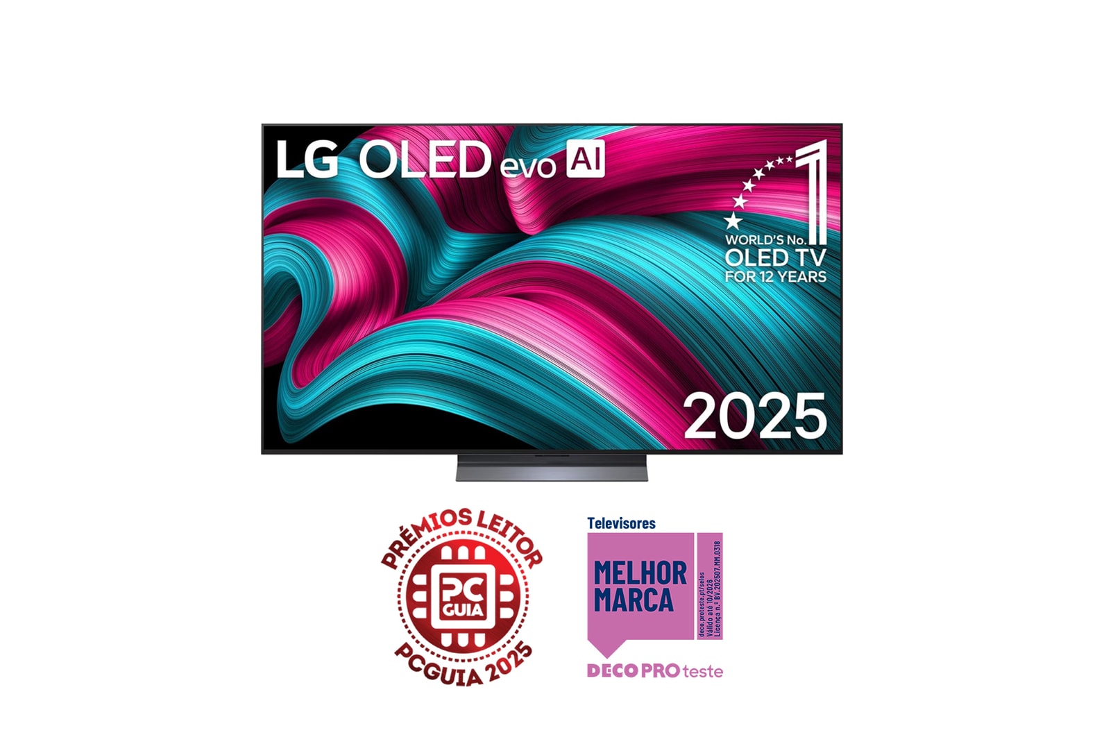 Vista frontal da Smart TV LG OLED evo AI C5 4K. O emblema “OLED número 1 do mundo há 12 anos” e o logótipo LG OLED evo AI 2025 estão no ecrã.