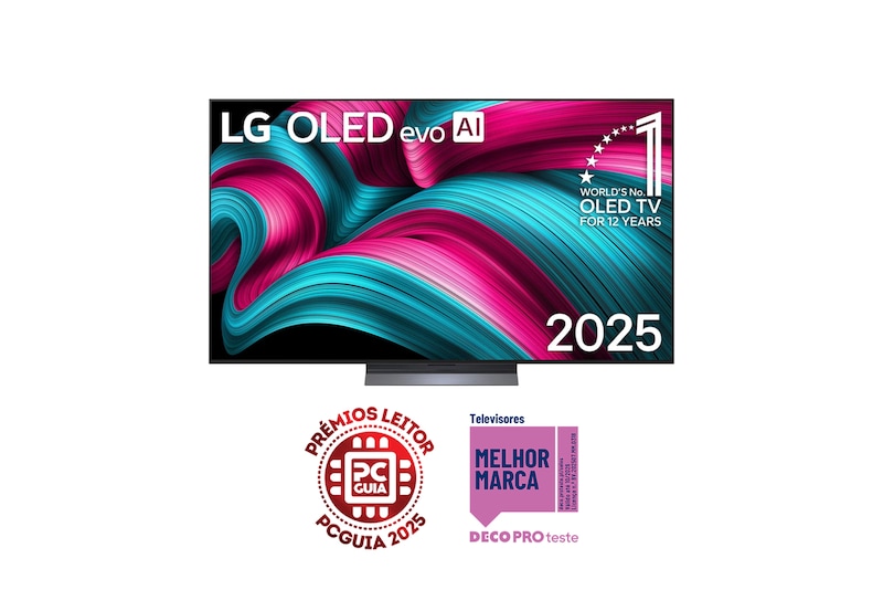 Vista frontal da Smart TV LG OLED evo AI C5 4K. O emblema “OLED número 1 do mundo há 12 anos” e o logótipo LG OLED evo AI 2025 estão no ecrã.