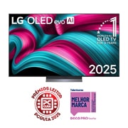 Vista frontal da Smart TV LG OLED evo AI C5 4K. O emblema “OLED número 1 do mundo há 12 anos” e o logótipo LG OLED evo AI 2025 estão no ecrã.