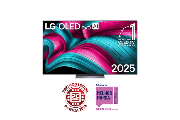 Vista frontal da Smart TV LG OLED evo AI C5 4K. O emblema “OLED número 1 do mundo há 12 anos” e o logótipo LG OLED evo AI 2025 estão no ecrã.