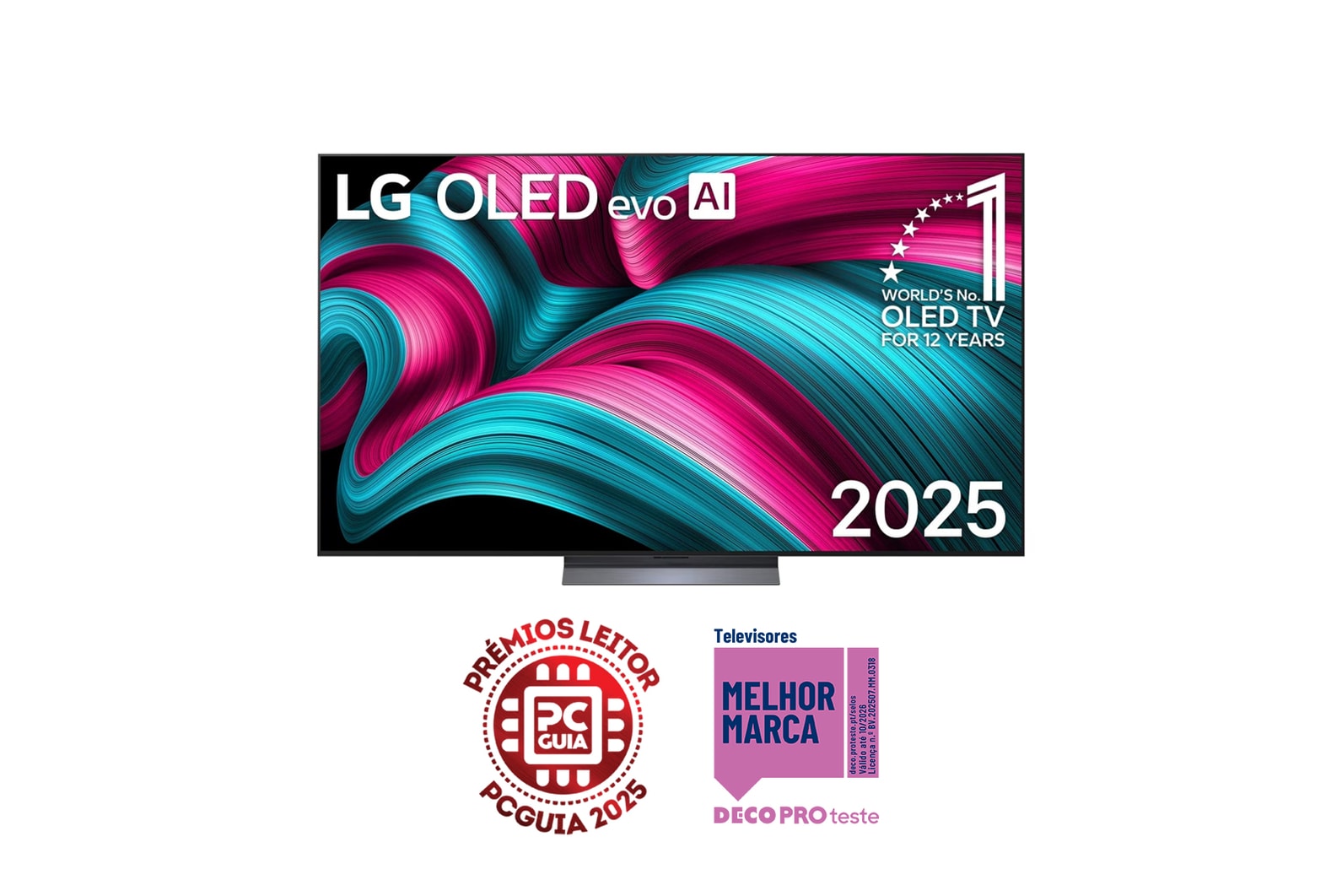 Vista frontal da Smart TV LG OLED evo AI C5 4K. O emblema “OLED número 1 do mundo há 12 anos” e o logótipo LG OLED evo AI 2025 estão no ecrã.