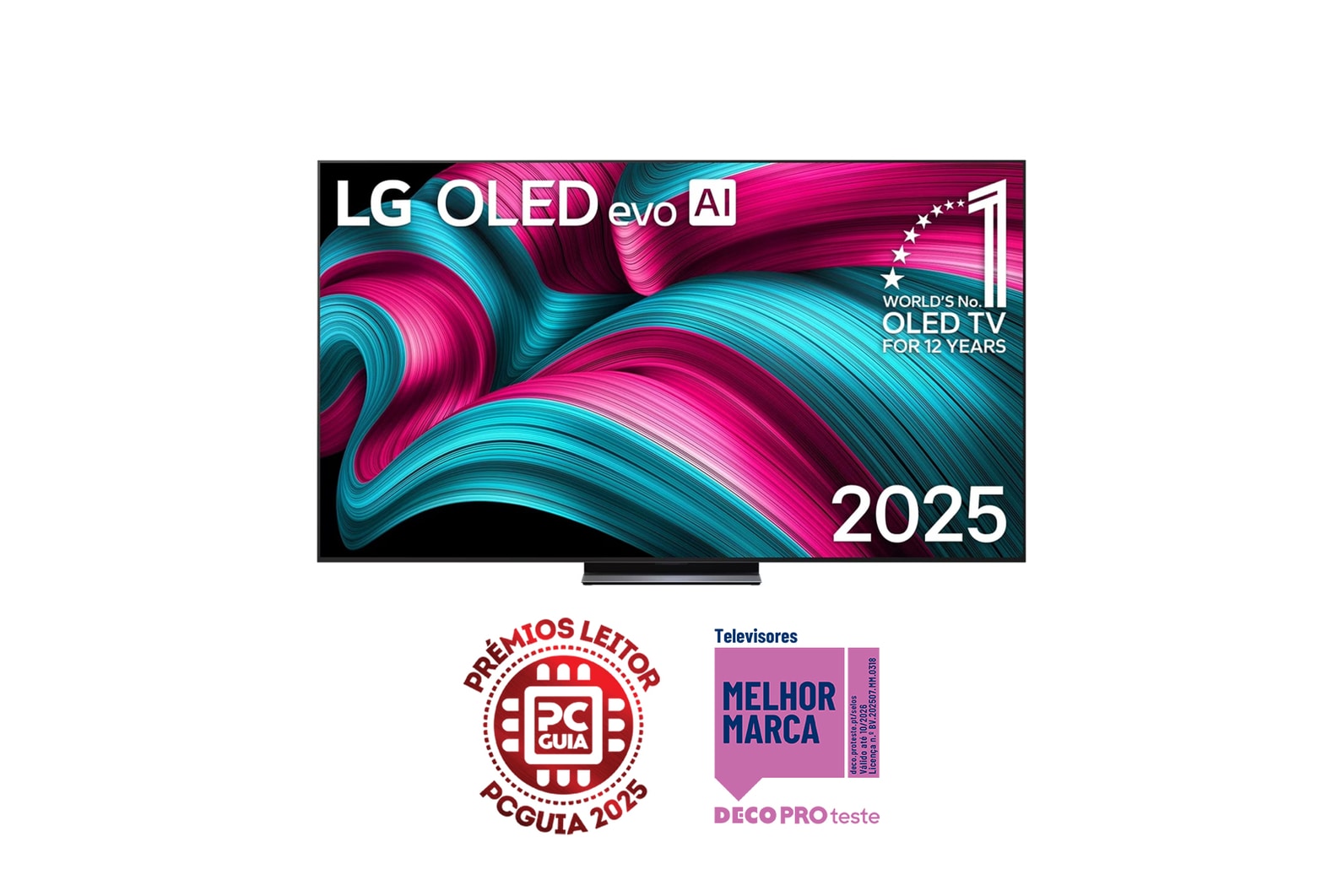 Vista frontal da Smart TV LG OLED evo AI C5 4K. O emblema “OLED número 1 do mundo há 12 anos” e o logótipo LG OLED evo AI 2025 estão no ecrã.