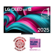 Vista frontal da Smart TV LG OLED evo AI C5 4K. O emblema “OLED número 1 do mundo há 12 anos” e o logótipo LG OLED evo AI 2025 estão no ecrã.