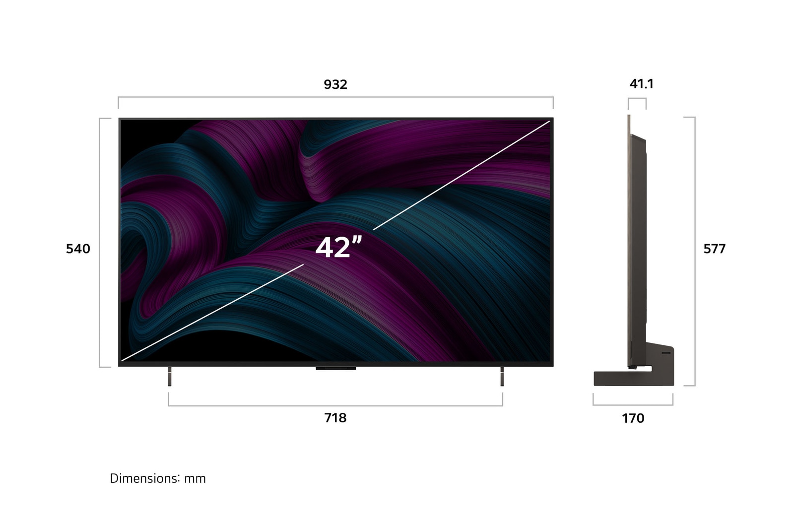 Vista frontal e vista lateral da LG OLED evo AI C5 4K Smart TV com as dimensões de comprimento, largura, altura e profundidade.