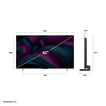 Vista frontal e vista lateral da LG OLED evo AI C5 4K Smart TV com as dimensões de comprimento, largura, altura e profundidade.