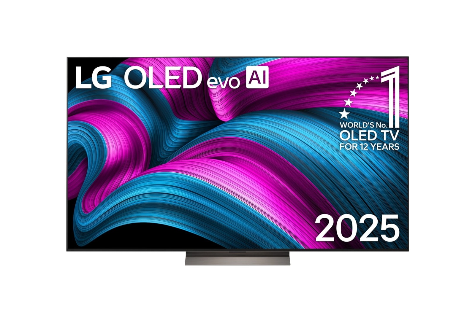 Vista da parte da frentes da Smart TV LG OLED evo AI C5E 4K. O emblema “OLED número 1 do mundo há 12 anos” e o logótipo LG OLED evo AI 2025 estão no ecrã.