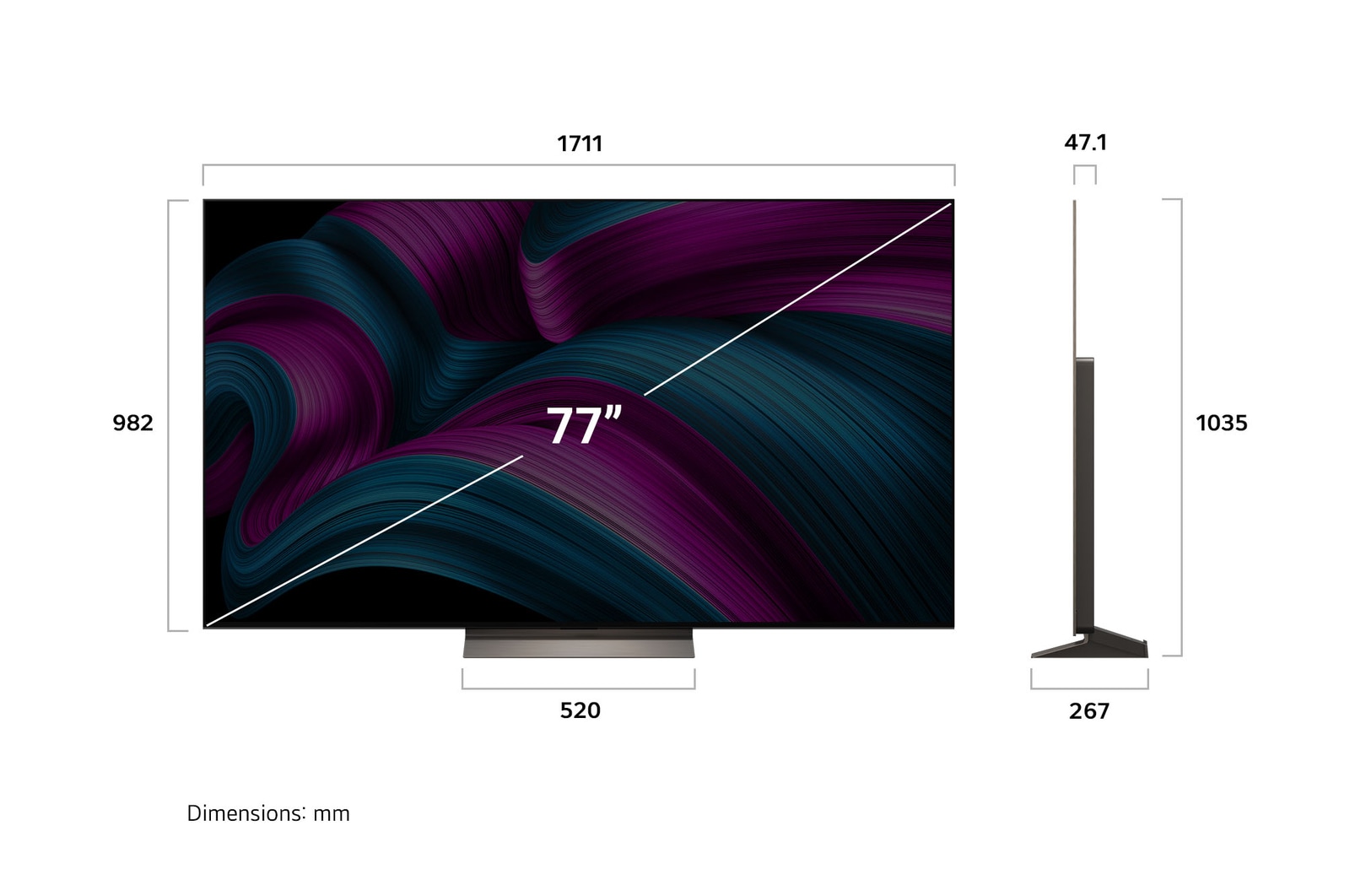 Vista frontal e vista lateral da LG OLED evo AI C5E 4K Smart TV com as dimensões de comprimento, largura, altura e profundidade.