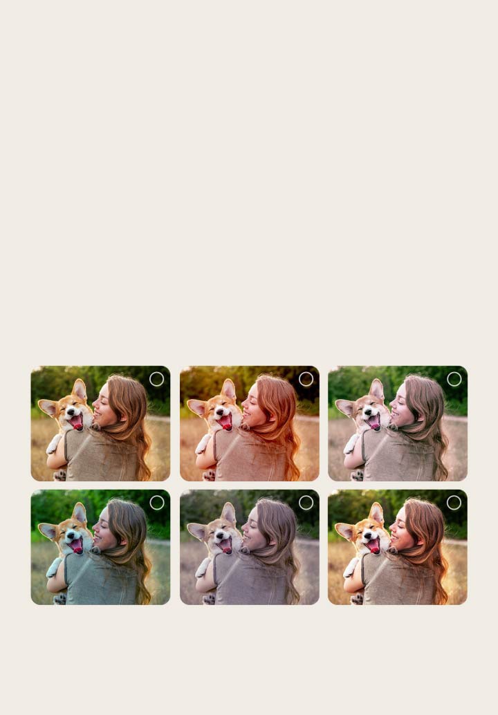 Ecrã de um utilizador no processo de personalização do AI Picture Wizard. São apresentadas séries de imagens com as seleções do utilizador realçadas. Aparece um ícone de carregamento e é apresentada uma imagem de paisagem a ser melhorada da esquerda para a direita. 