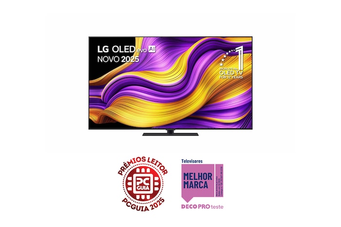 Vista frontal da Smart TV LG OLED evo AI G5 4K. O emblema “OLED número 1 do mundo há 12 anos” e o logótipo LG OLED evo AI 2025 estão no ecrã.