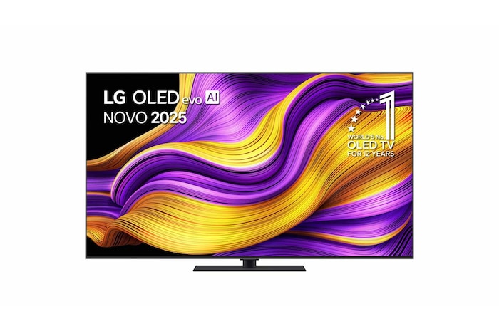 Vista frontal da Smart TV LG OLED evo AI G5 4K. O emblema “OLED número 1 do mundo há 12 anos” e o logótipo LG OLED evo AI 2025 estão no ecrã.