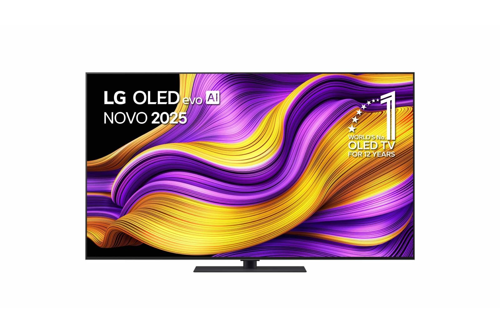 Vista frontal da Smart TV LG OLED evo AI G5 4K. O emblema “OLED número 1 do mundo há 12 anos” e o logótipo LG OLED evo AI 2025 estão no ecrã.