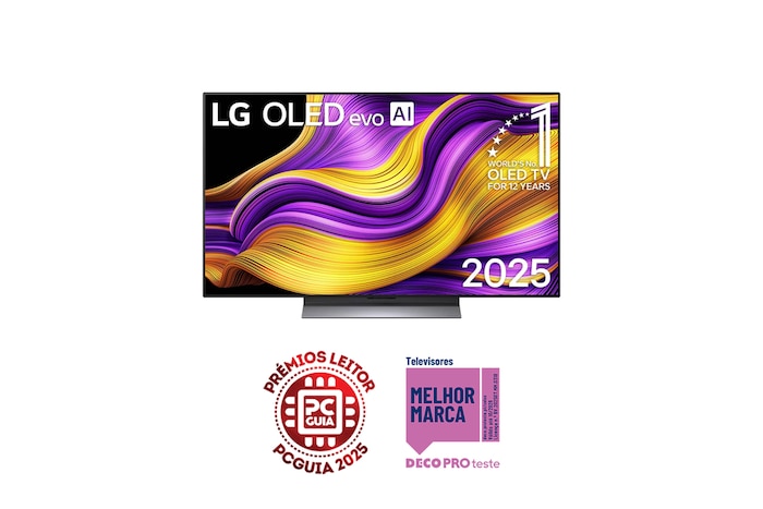 Vista frontal da Smart TV LG OLED evo AI G5 4K. O emblema “OLED número 1 do mundo há 12 anos” e o logótipo LG OLED evo AI 2025 estão no ecrã.