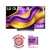 Vista frontal da Smart TV LG OLED evo AI G5 4K. O emblema “OLED número 1 do mundo há 12 anos” e o logótipo LG OLED evo AI 2025 estão no ecrã.