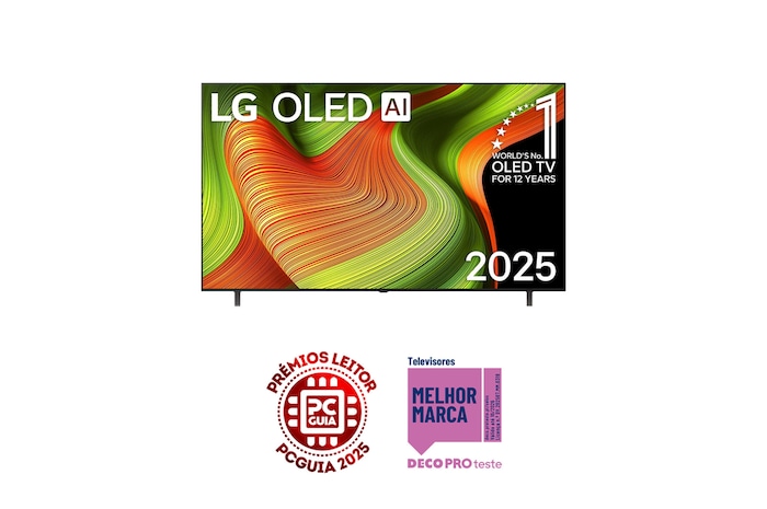 Vista frontal da Smart TV LG OLED AI B5 4K. O emblema “OLED número 1 do mundo há 12 anos” e o logótipo LG OLED AI 2025 estão no ecrã.