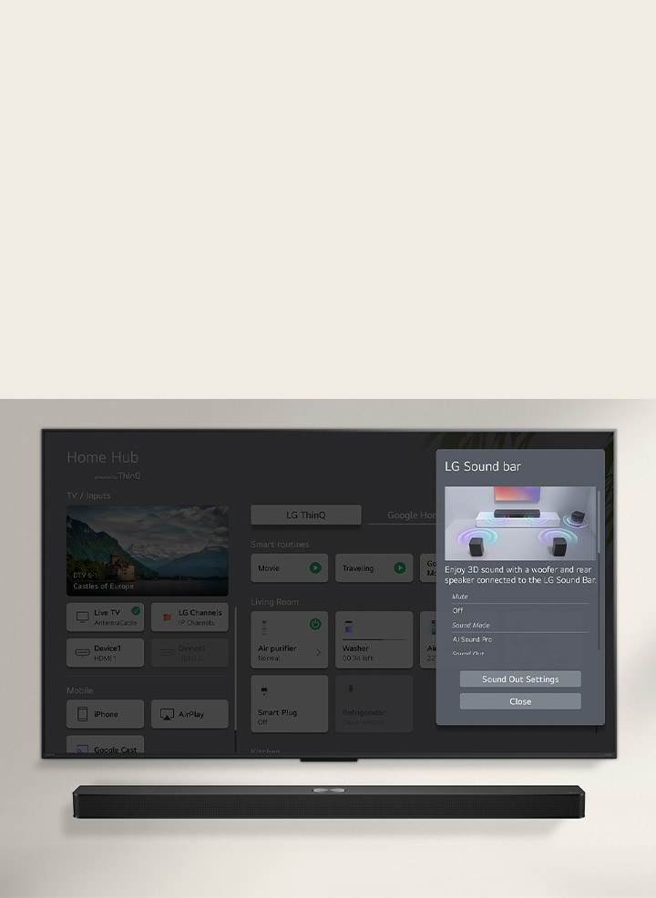 LG Soundbar is below an LG OLED TV. On the TV screen is the UI for the soundbar and TV volume controls.