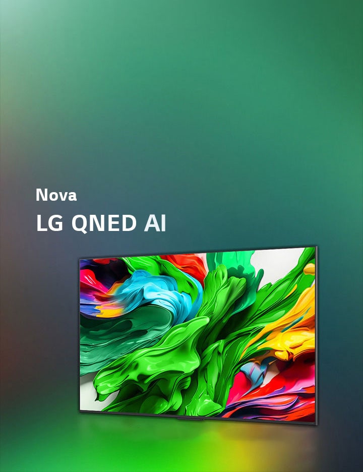 LG QNED TV sobre um fundo escuro colorido. O ecrã apresenta uma obra de arte brilhante e colorida que mostra a tecnologia de cor QNED e a capacidade de apresentar um vasto espetro de tonalidades com grande contraste. Pode ver-se o novo logótipo LG QNED evo AI. Com legendas que destacam o MiniLED da QNED e o novo processador alpha AI. O título diz: “Cada cor foi redefinida e uma nova experiência começa.”