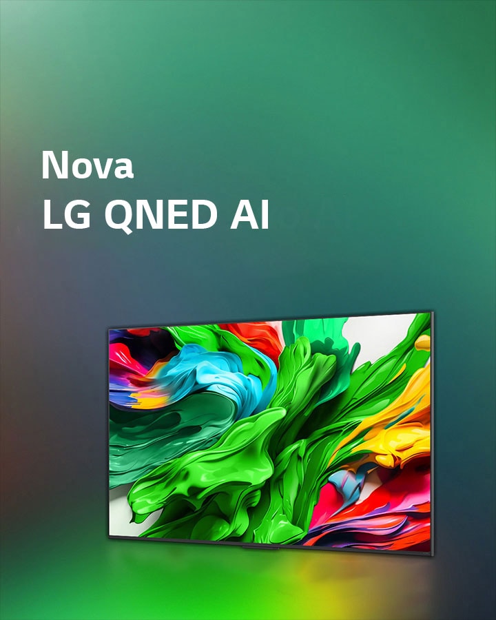LG QNED TV sobre um fundo escuro colorido. O ecrã apresenta uma obra de arte brilhante e colorida que mostra a tecnologia de cor QNED e a capacidade de apresentar um vasto espetro de tonalidades com grande contraste. Pode ver-se o novo logótipo LG QNED evo AI. Com legendas que destacam o MiniLED da QNED e o novo processador alpha AI. O título diz: “Cada cor foi redefinida e uma nova experiência começa.”