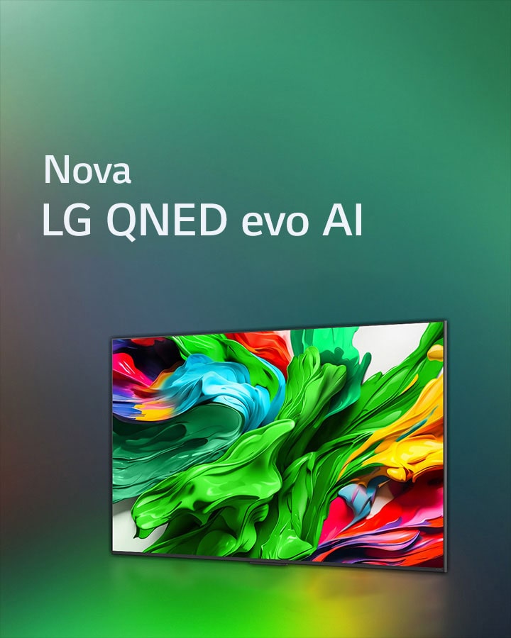 LG QNED TV sobre um fundo escuro colorido. O ecrã apresenta uma obra de arte brilhante e colorida que mostra a tecnologia de cor QNED e a capacidade de apresentar um vasto espetro de tonalidades com grande contraste. Pode ver-se o novo logótipo LG QNED evo AI. Com legendas que destacam o MiniLED da QNED e o novo processador alpha AI. O título diz: “Cada cor foi redefinida e uma nova experiência começa.”